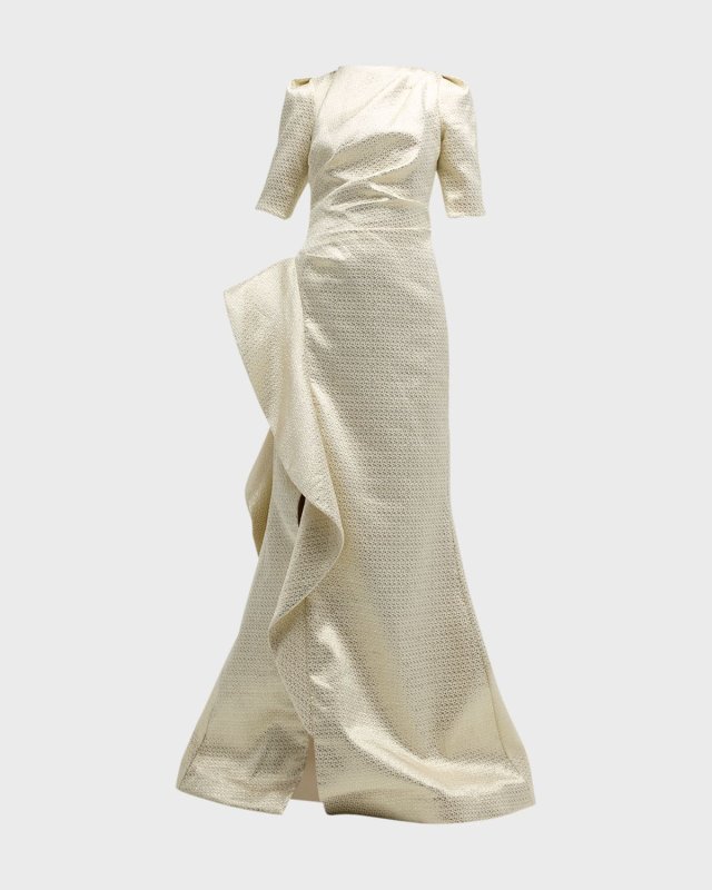 Ruffle Metallic Jacquard Trumpet Gown